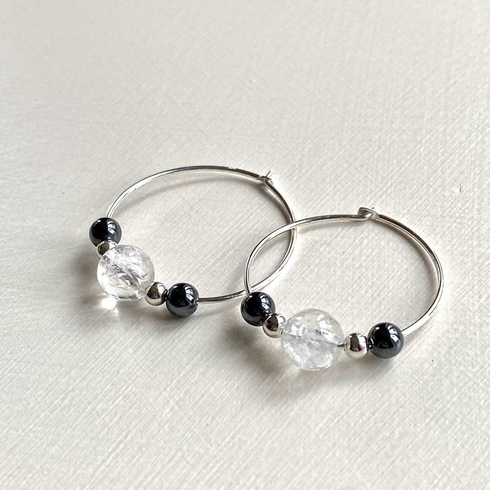 Handcrafted Clear Quartz and Hematite Hoop Earrings